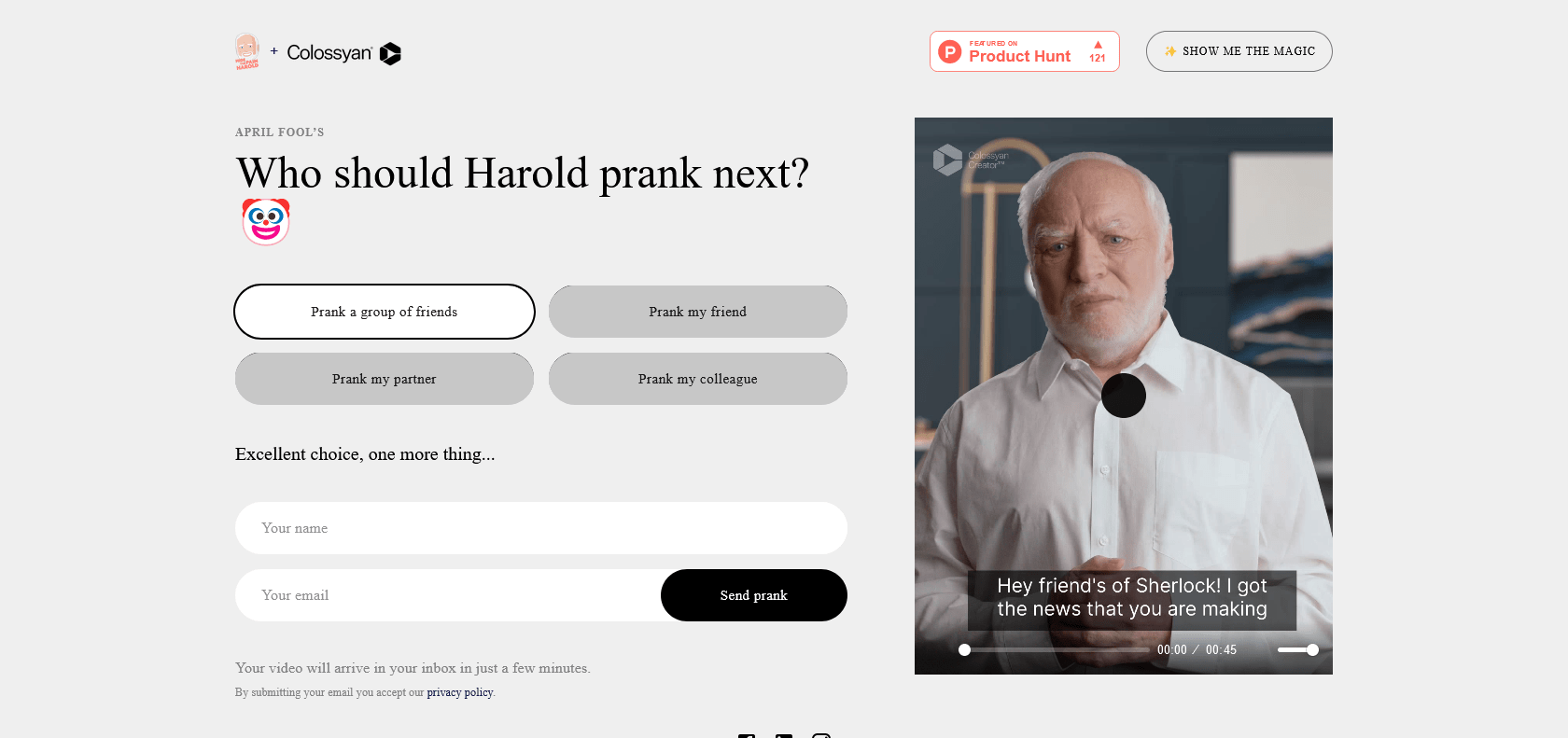 Screenshot of Hide the Pain Harold's April Prank Website