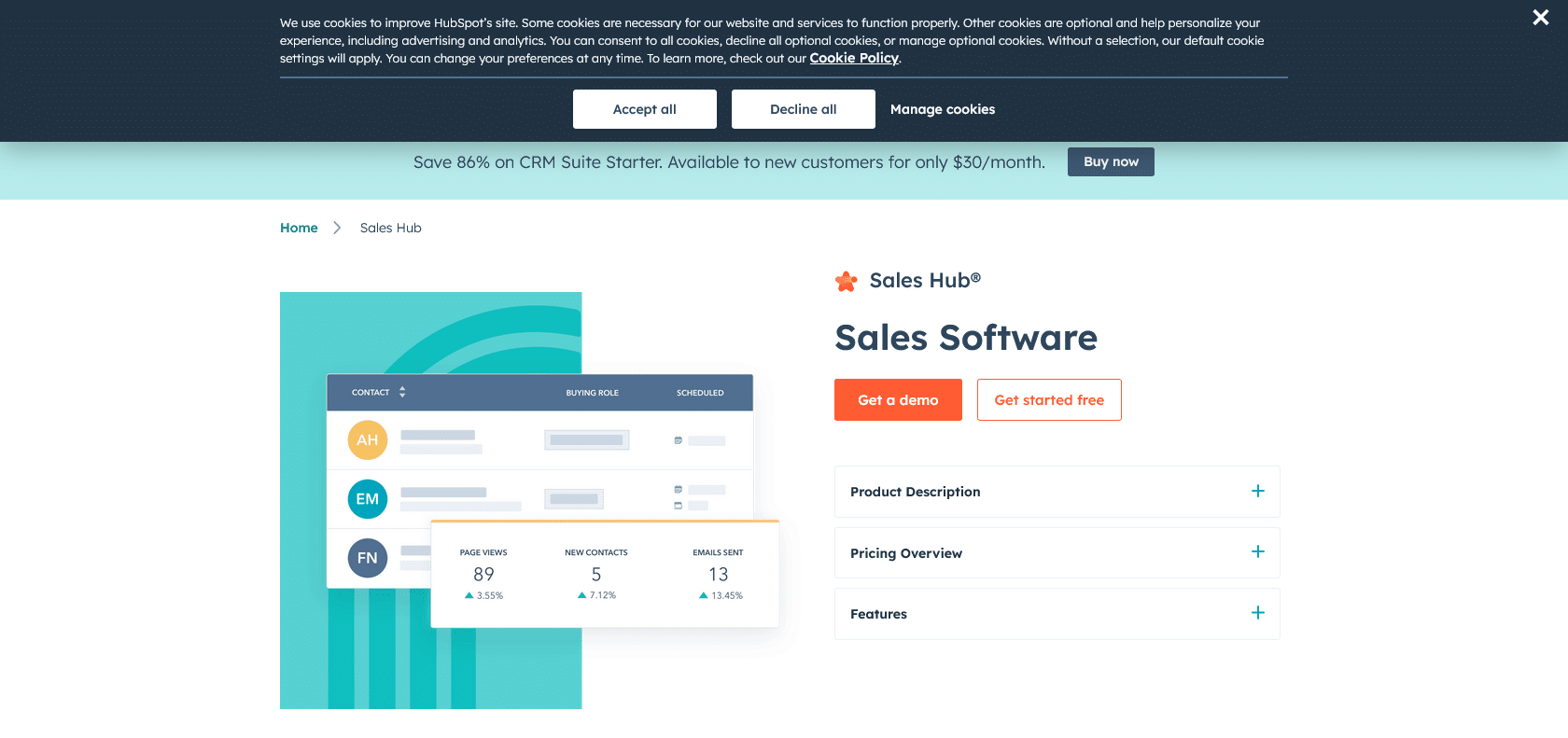 Screenshot of HubSpot Sales Website
