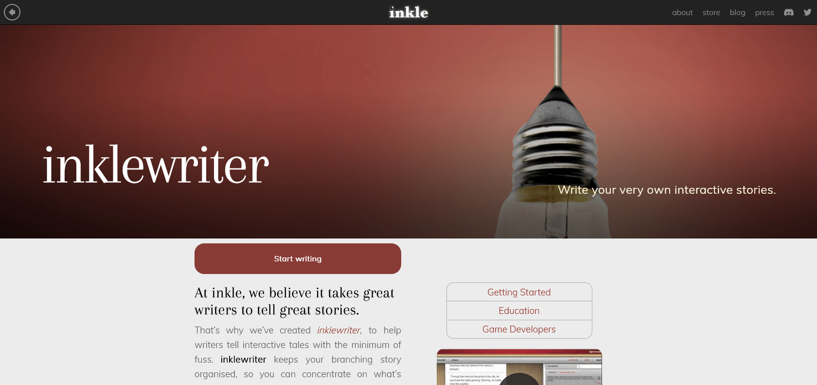 Screenshot of Inklewriter Website