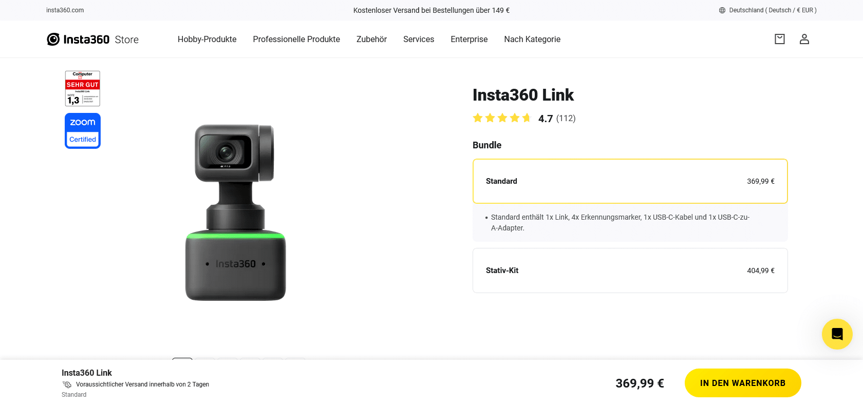 Screenshot of Insta360 Link Website
