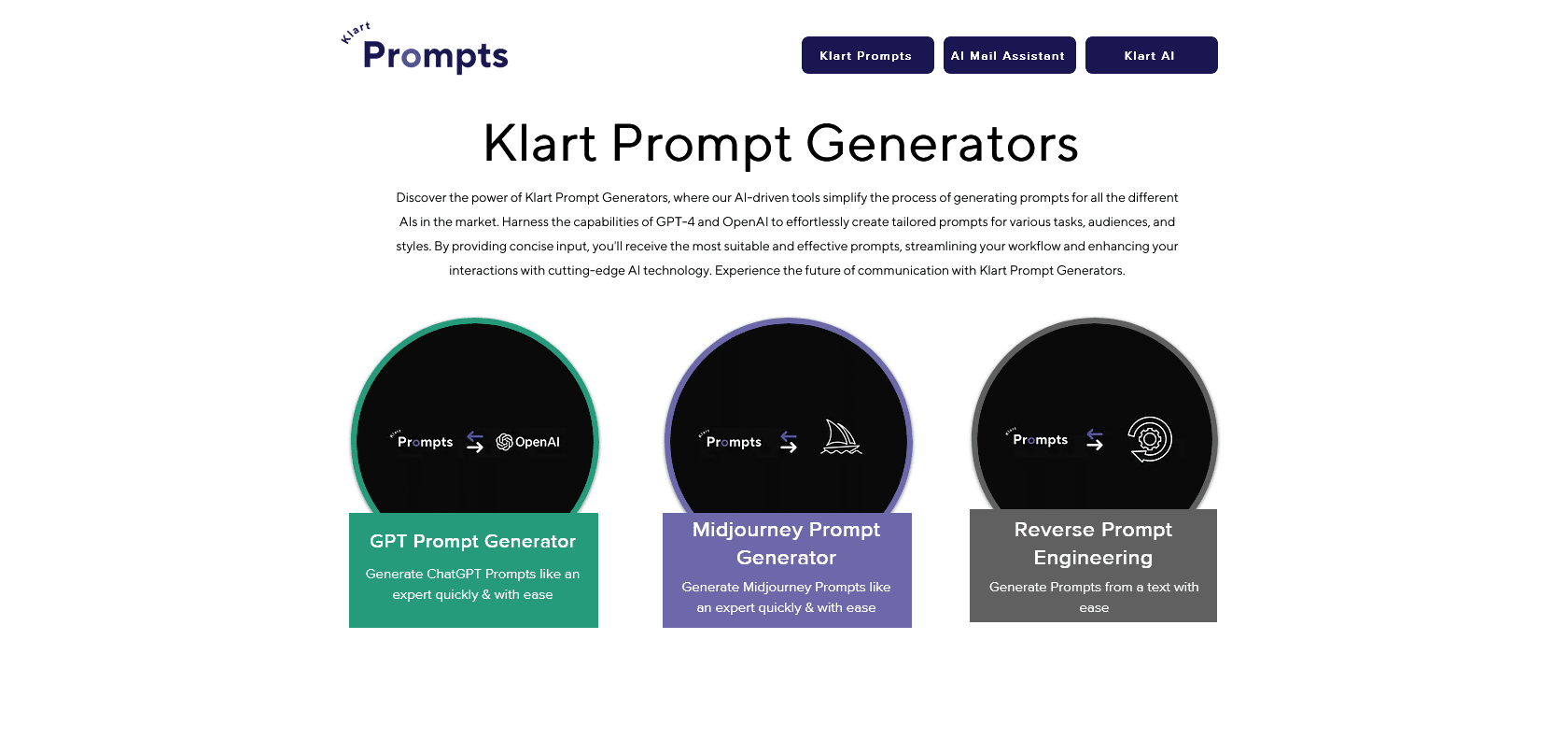 Screenshot of Klart Prompts Website