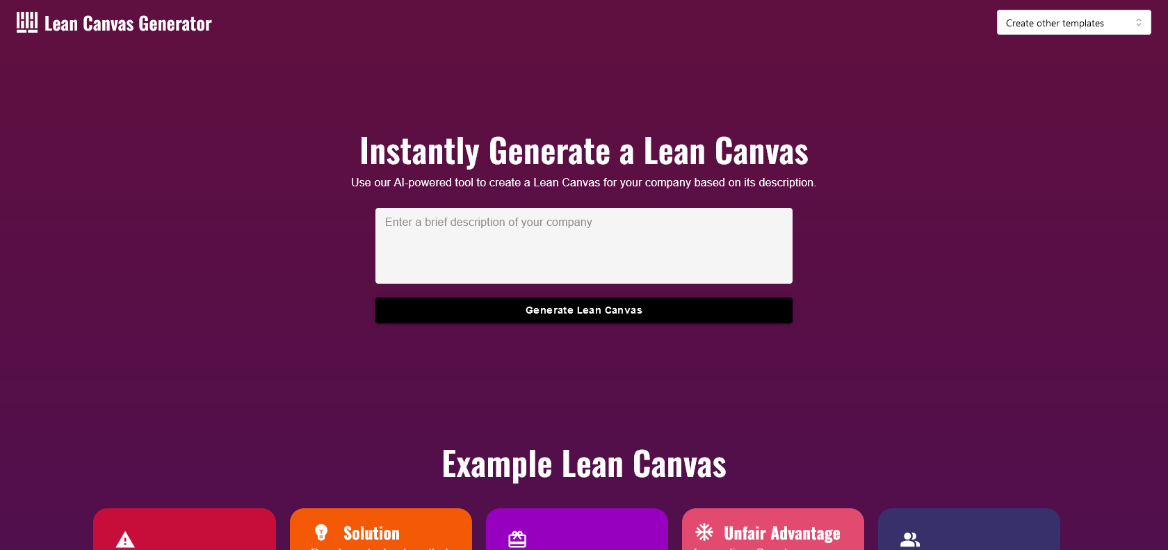 Screenshot of Lean Canvas Website