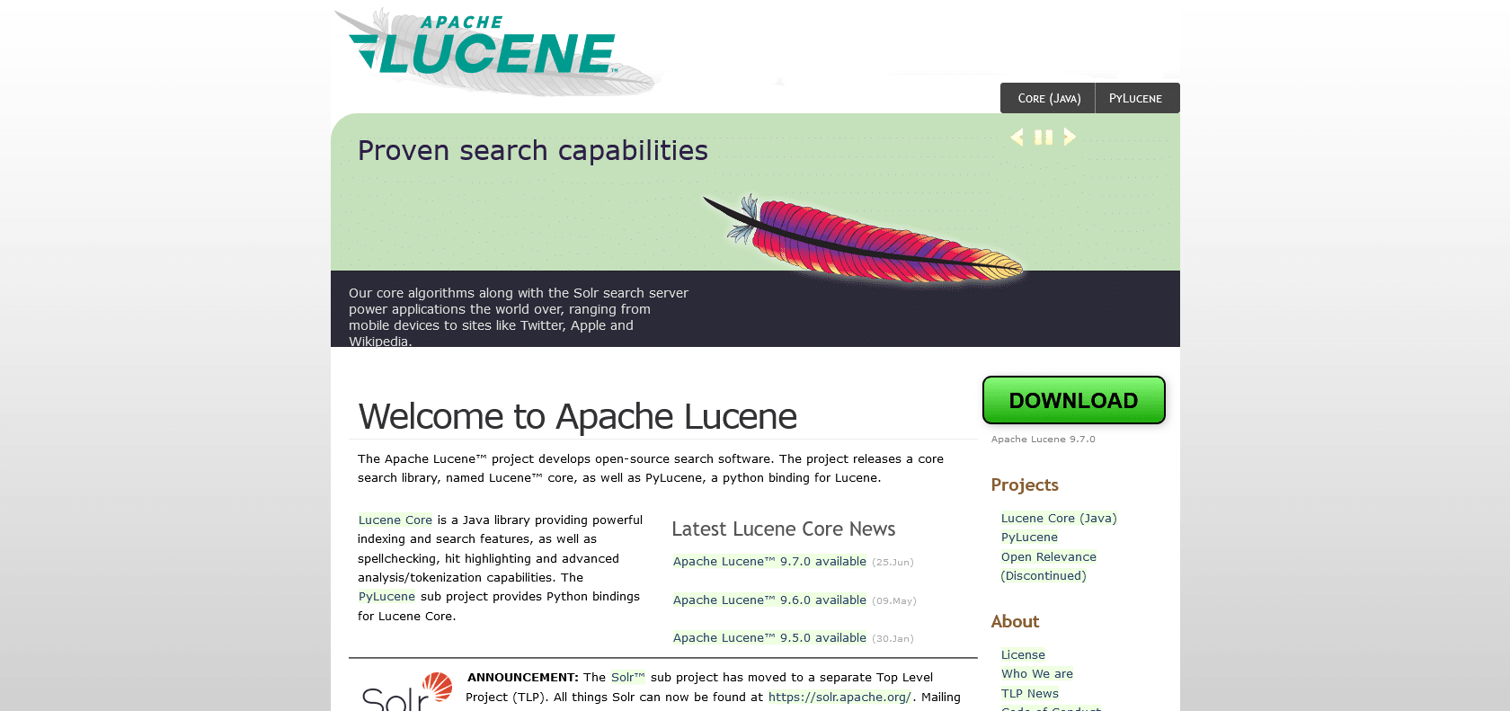 Screenshot of Lucene Website