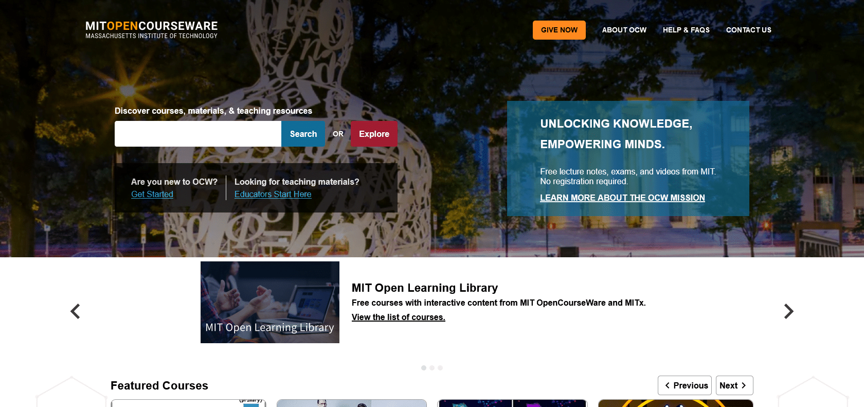 Screenshot of MIT OpenCourseware Website