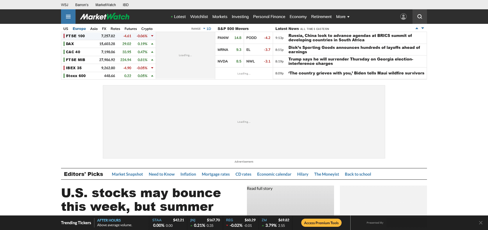 Screenshot of MarketWatch Website