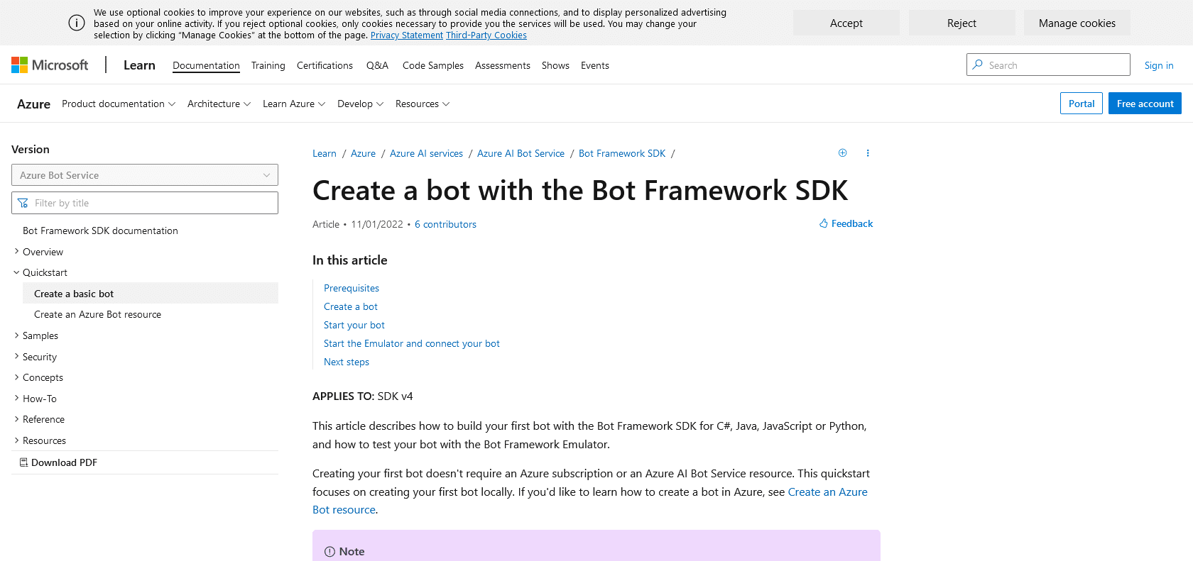Screenshot of Microsoft Bot Builder SDK Website