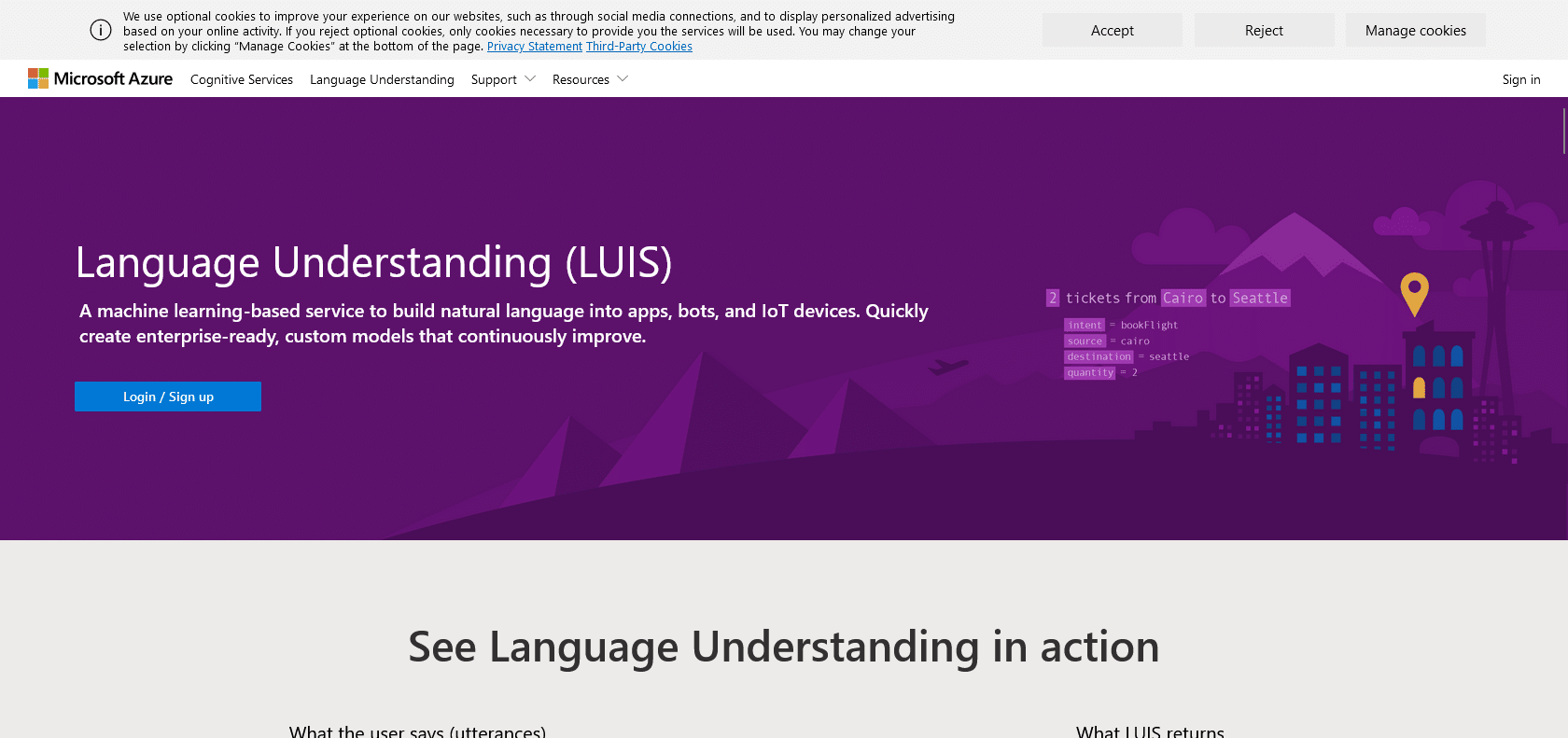 Screenshot of Microsoft Luis Website