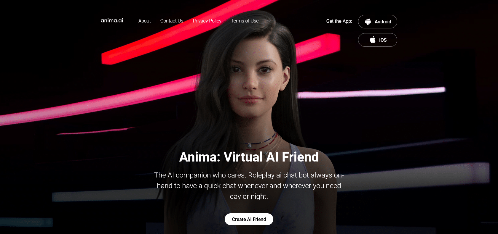 Screenshot of MyAnima AI Companion Website