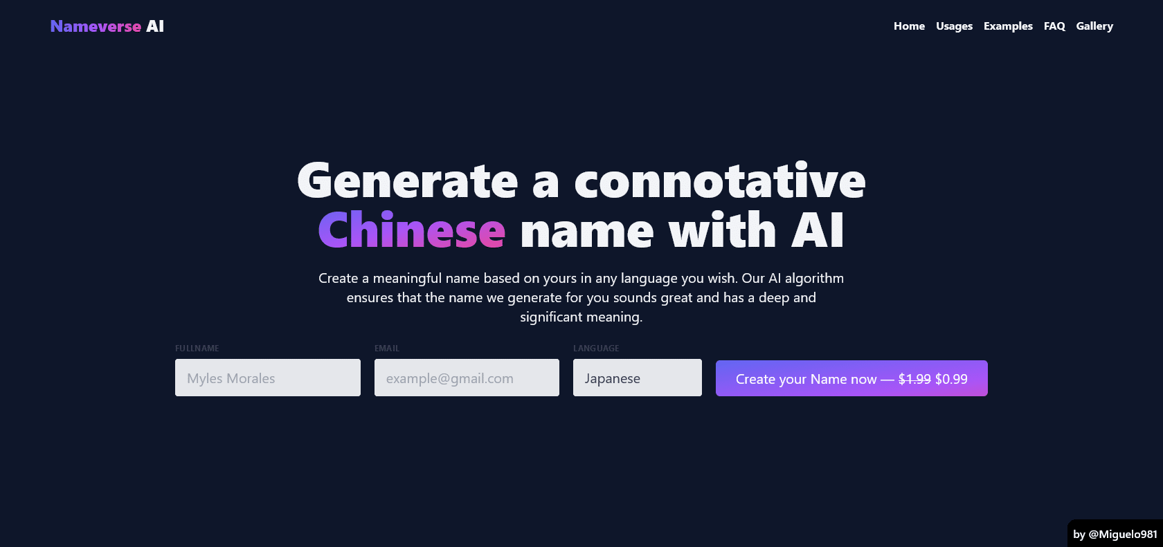 Screenshot of Nameverse AI Website