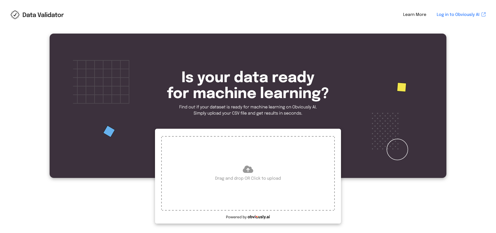 Screenshot of Obviously AI Data Validator Website