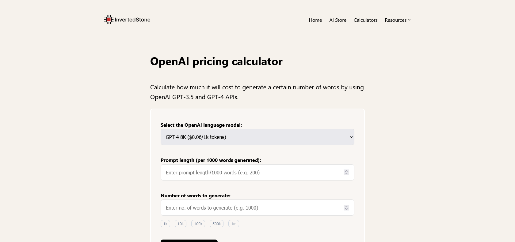 Screenshot of OpenAI GPT Price Calculator Website