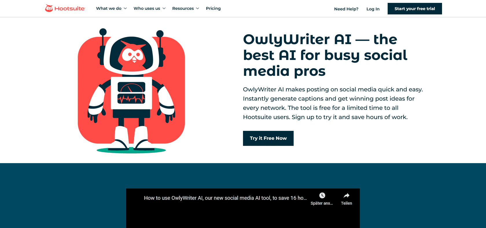 Screenshot of OwlyWriter AI by Hootsuite Website
