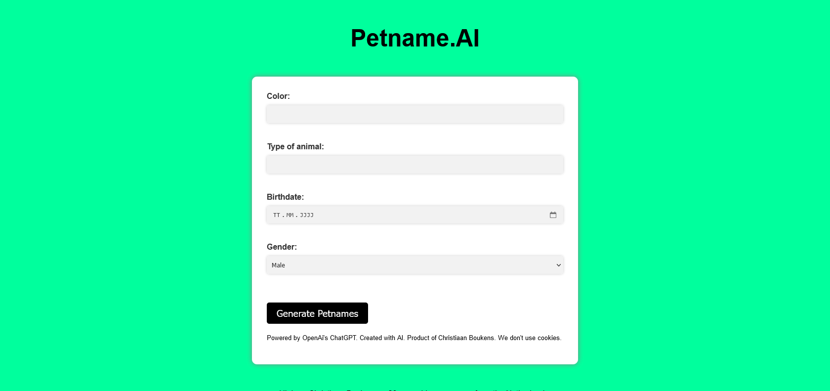 Screenshot of Petname AI Website