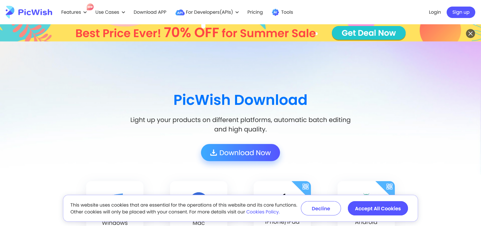 Screenshot of PicWish for Windows Website
