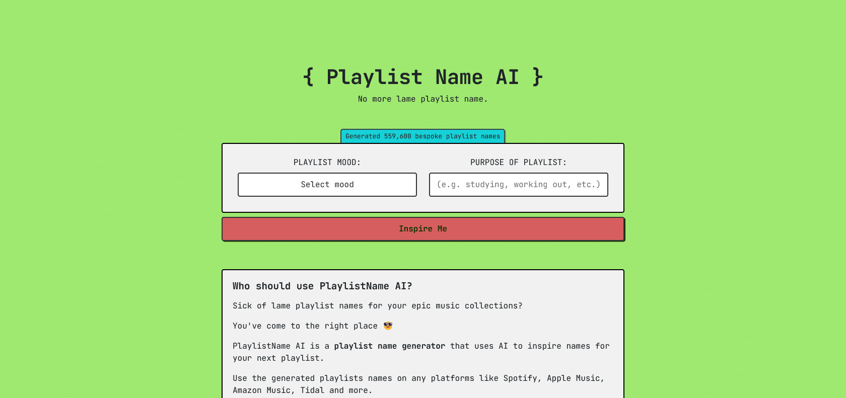 Screenshot of Playlistnameai Website