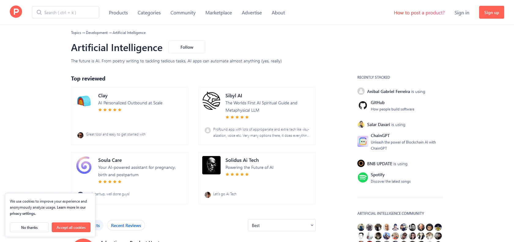 Screenshot of Product Hunt AI Tools Website