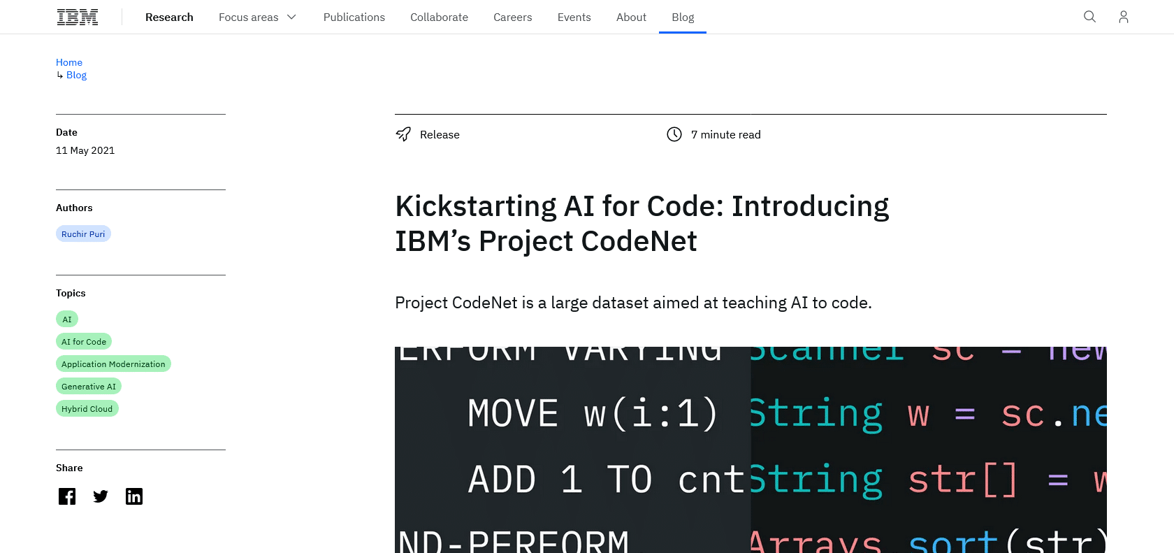 Screenshot of Project CodeNet by IBM Website