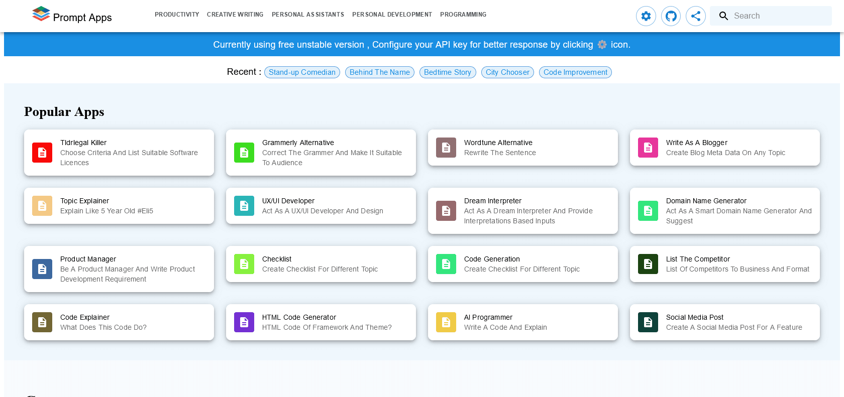 Screenshot of Prompt Apps Website