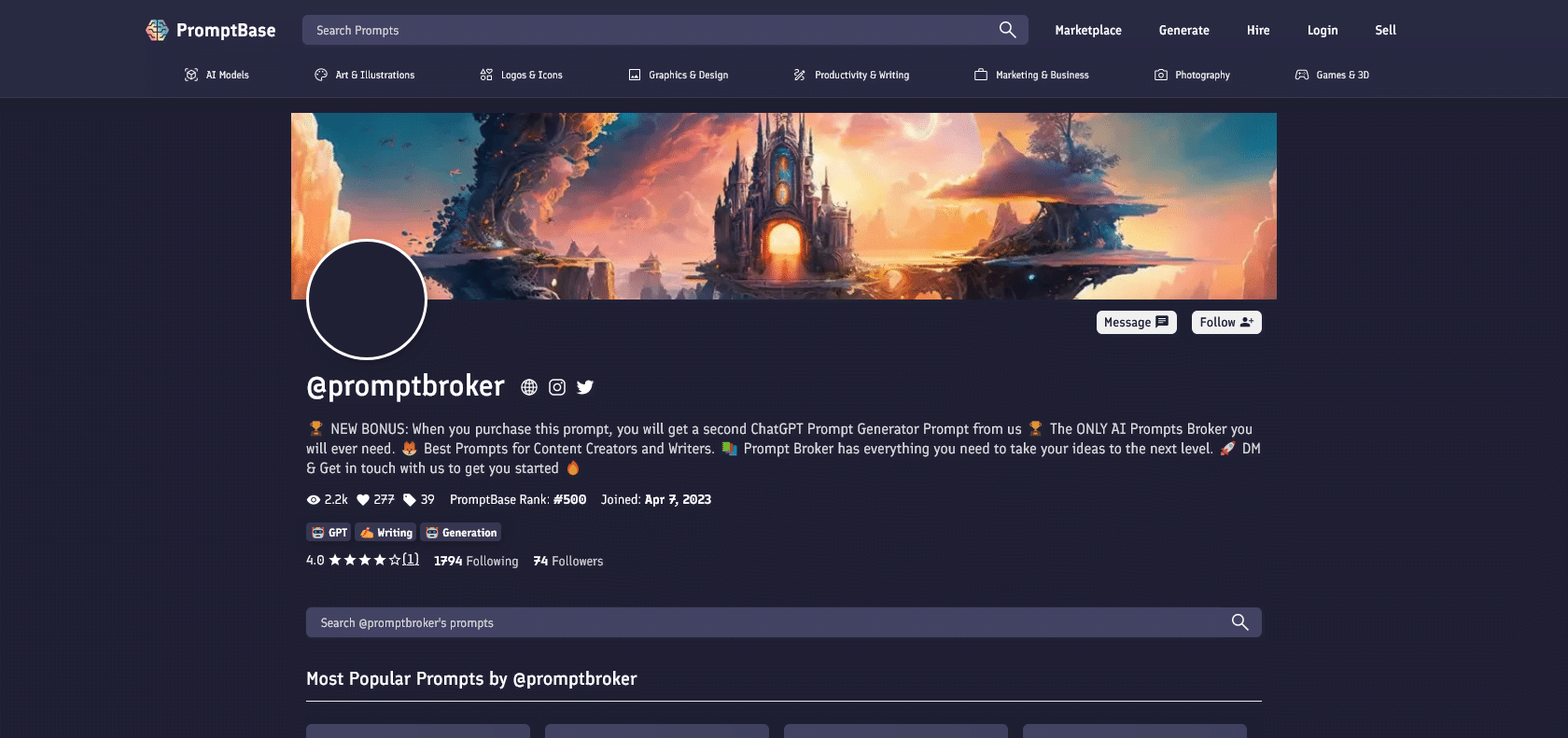 Screenshot of PromptBroker Website