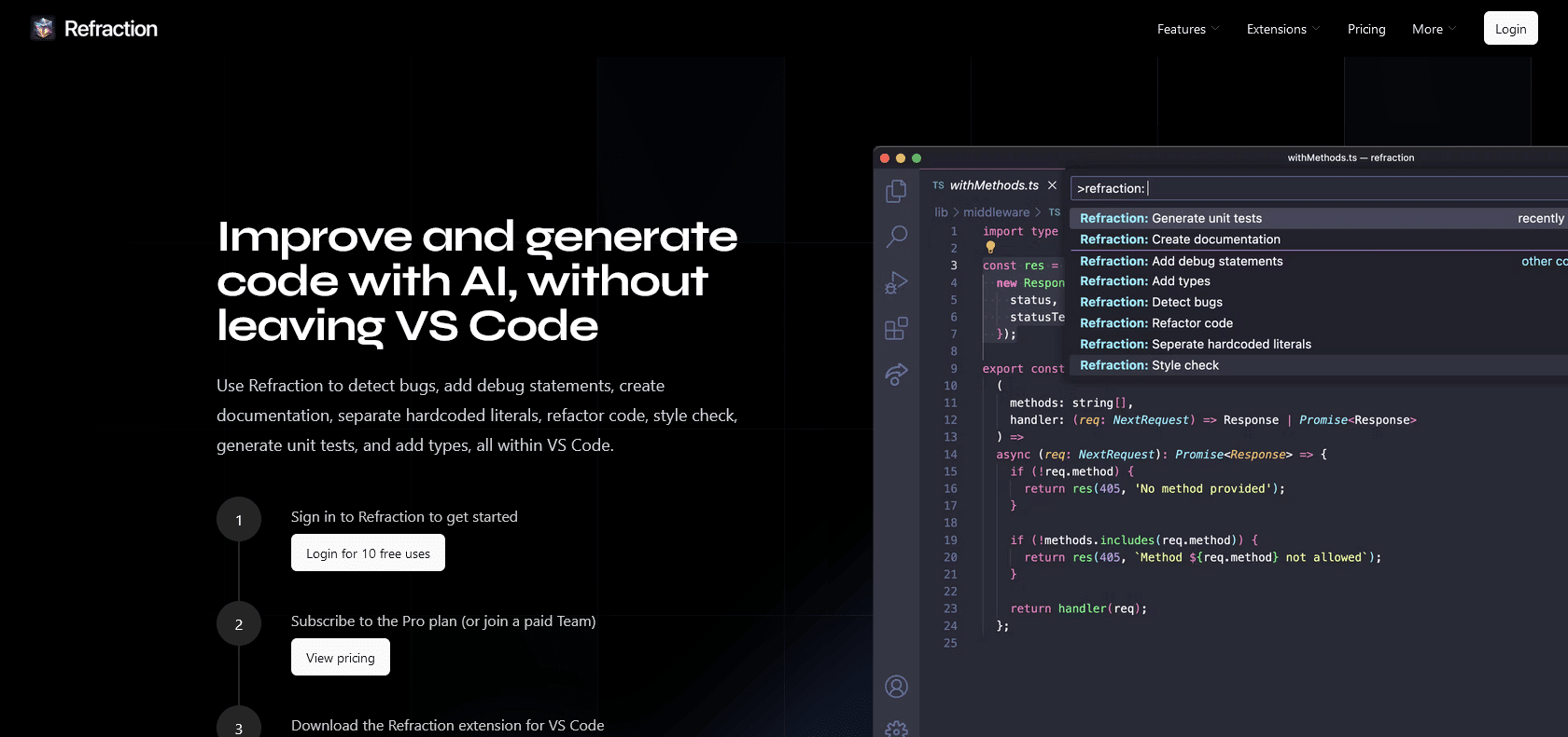 Screenshot of Refraction for VS Code Website