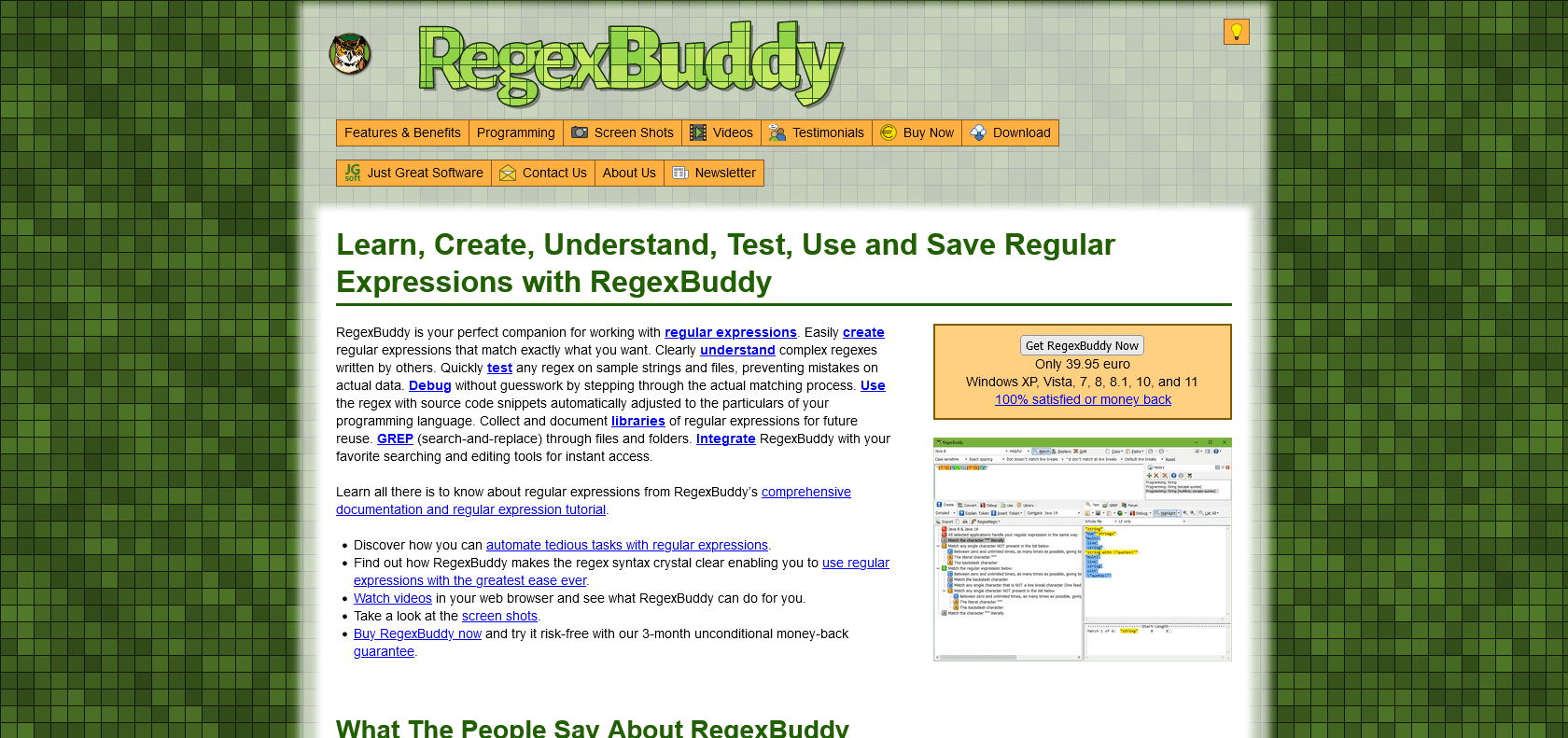 Screenshot of RegexBuddy Website