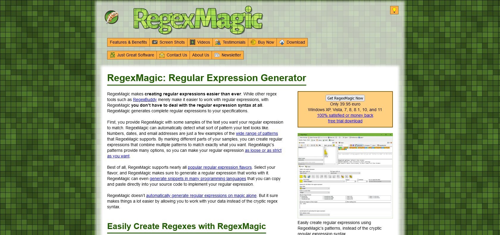 Screenshot of RegexMagic Website