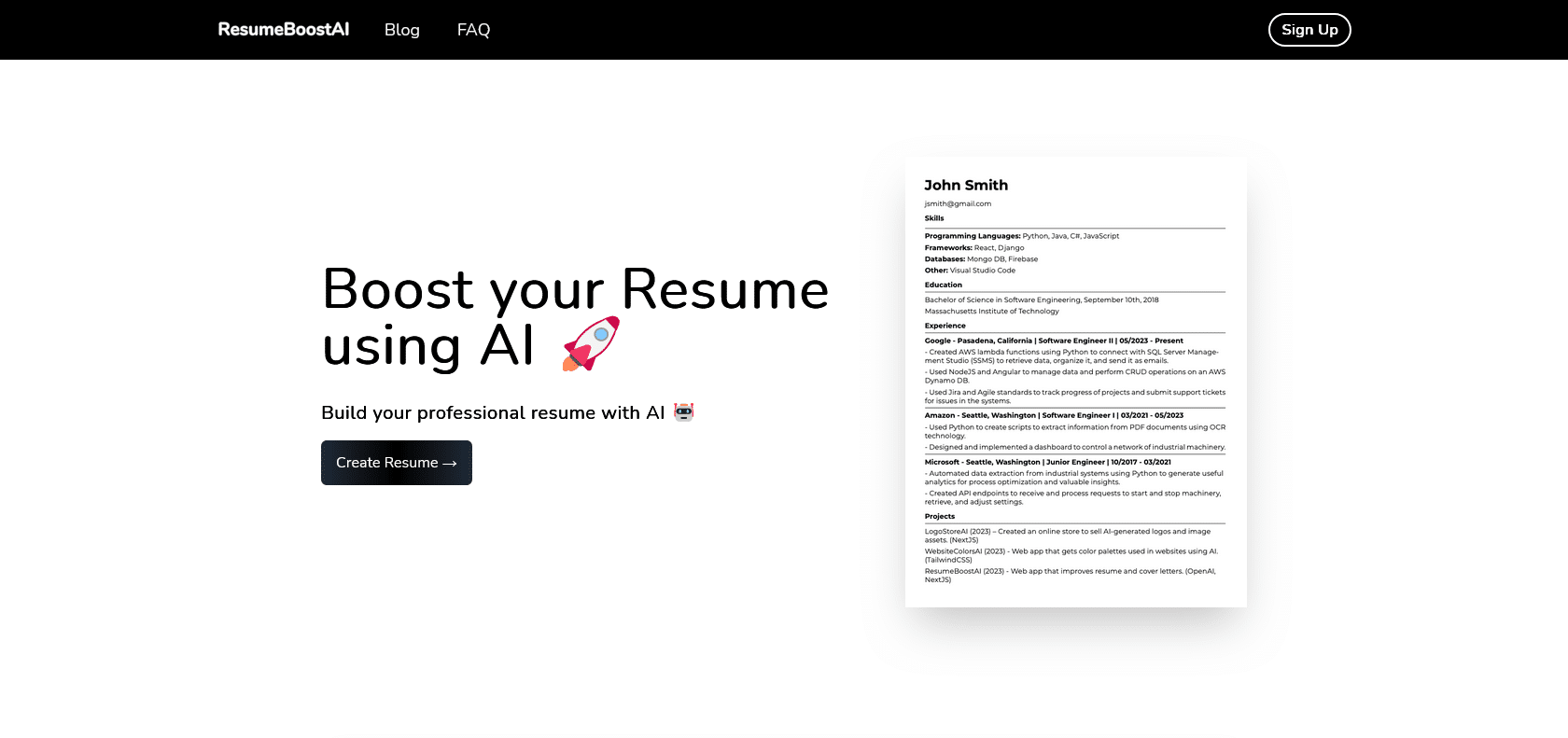 Screenshot of ResumeBoostAI Website