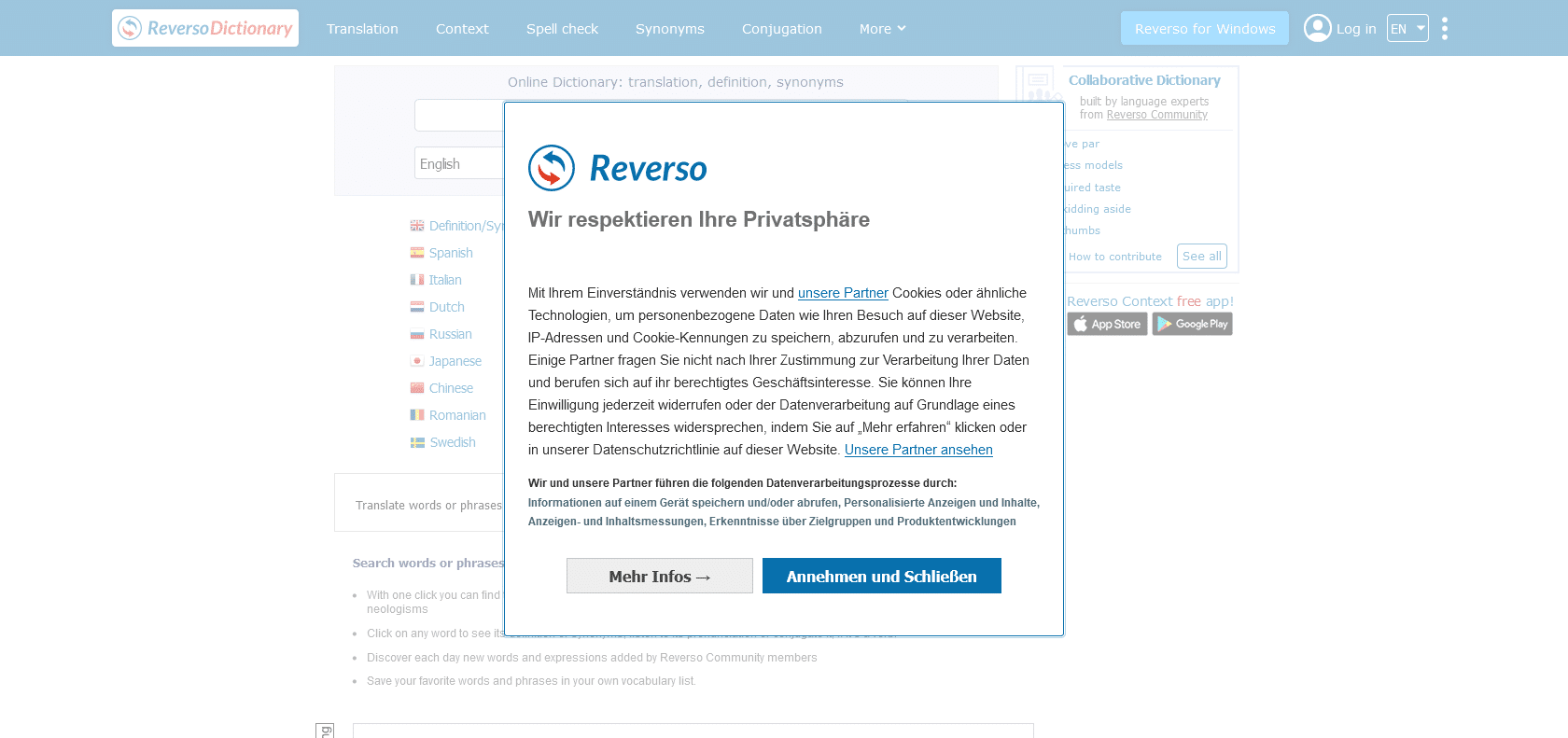 Screenshot of Reverso Website