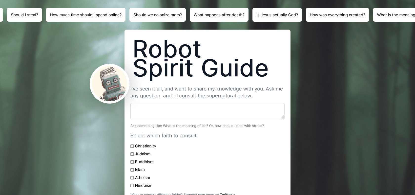 Screenshot of Robot Spirit Guide Website