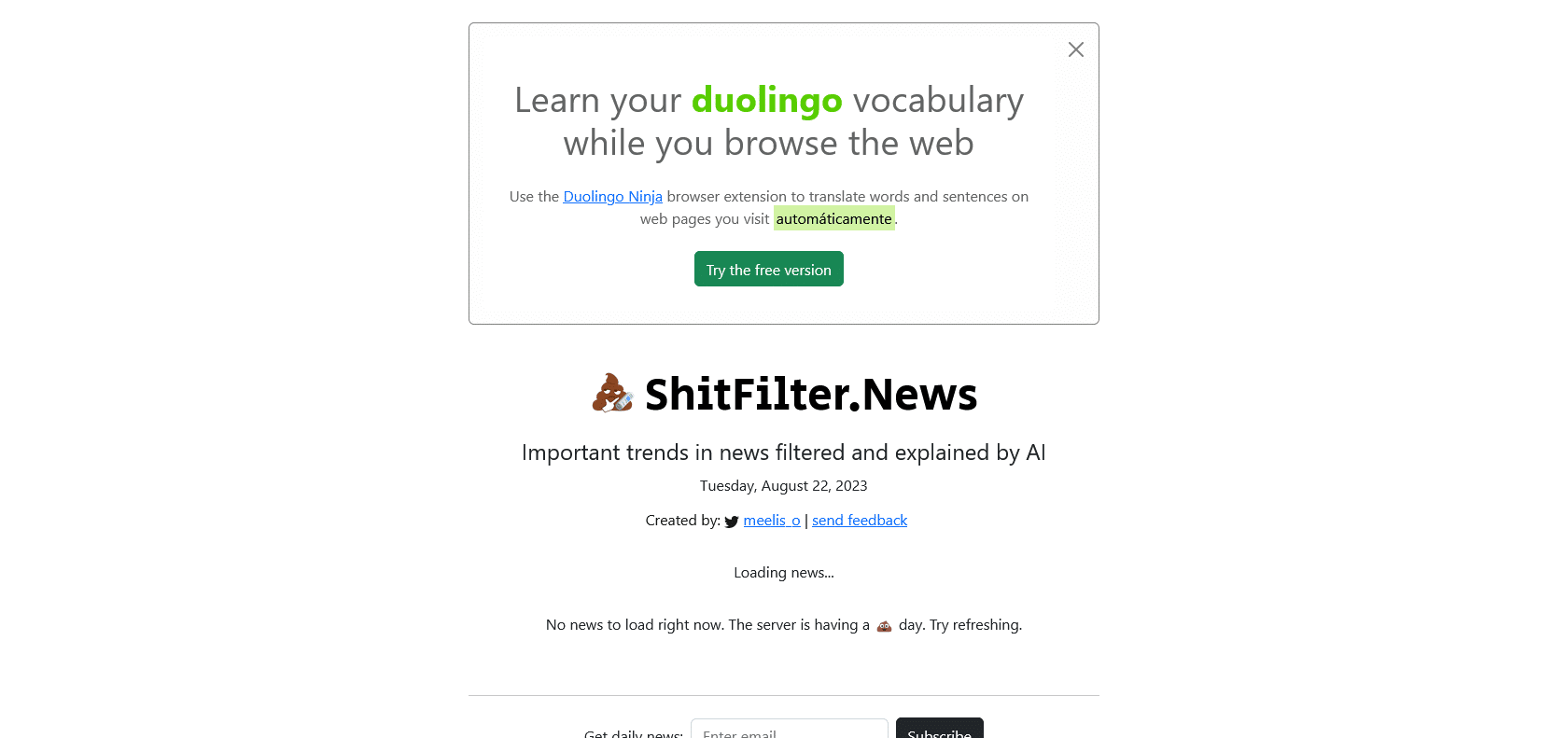 Screenshot of ShitFilter.News Website