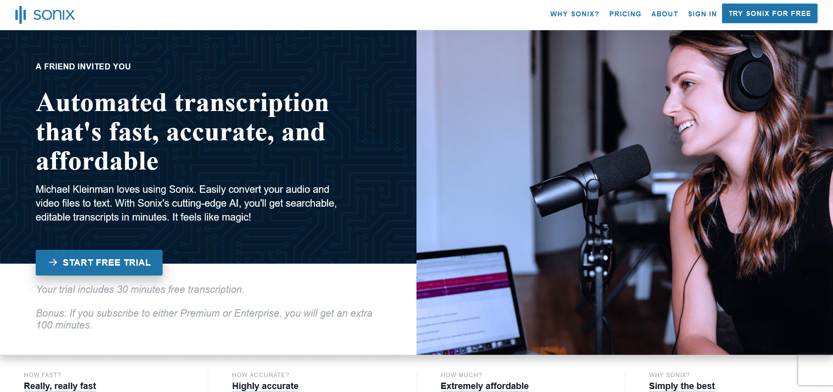Screenshot of Sonix Website