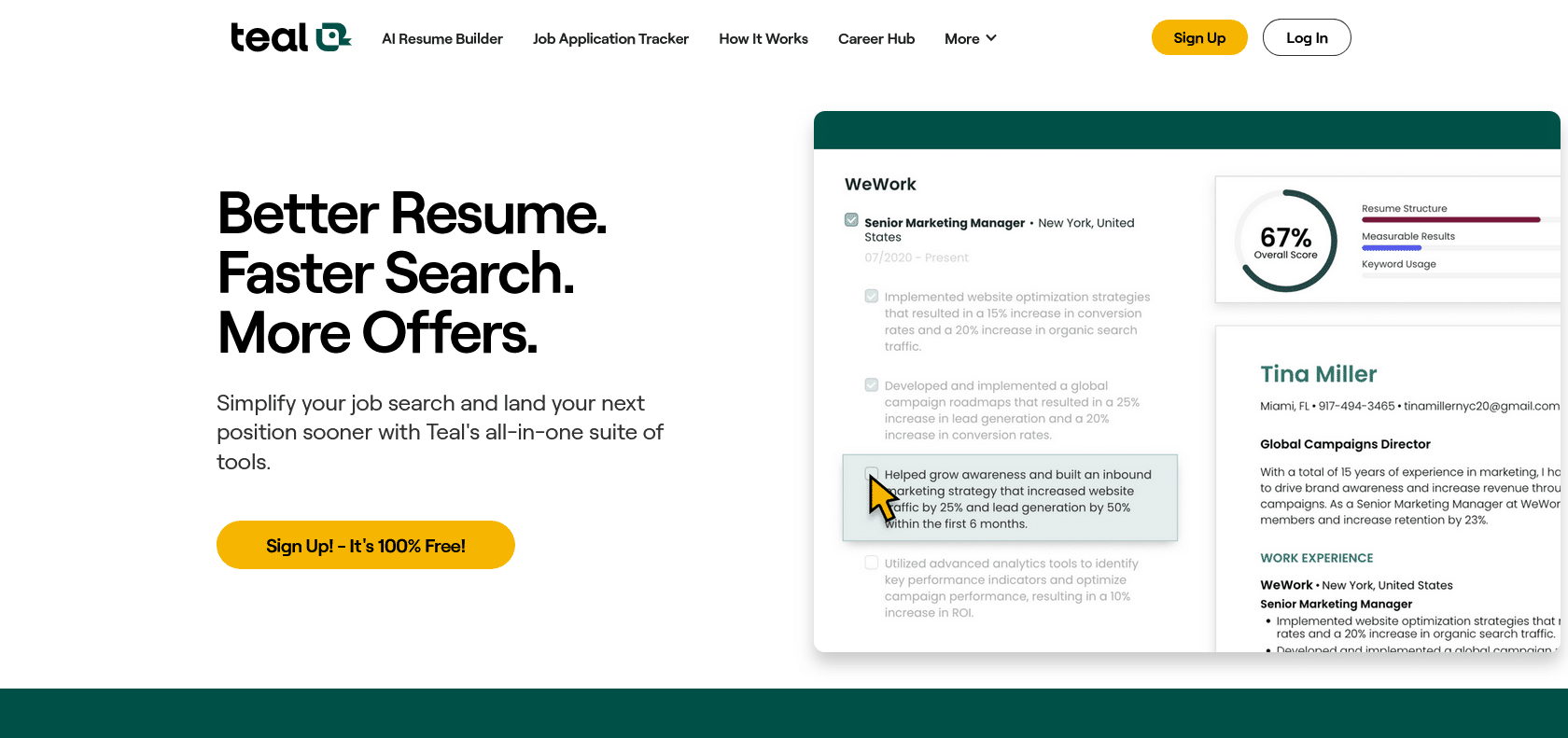 Screenshot of Teal Resume Builder Website