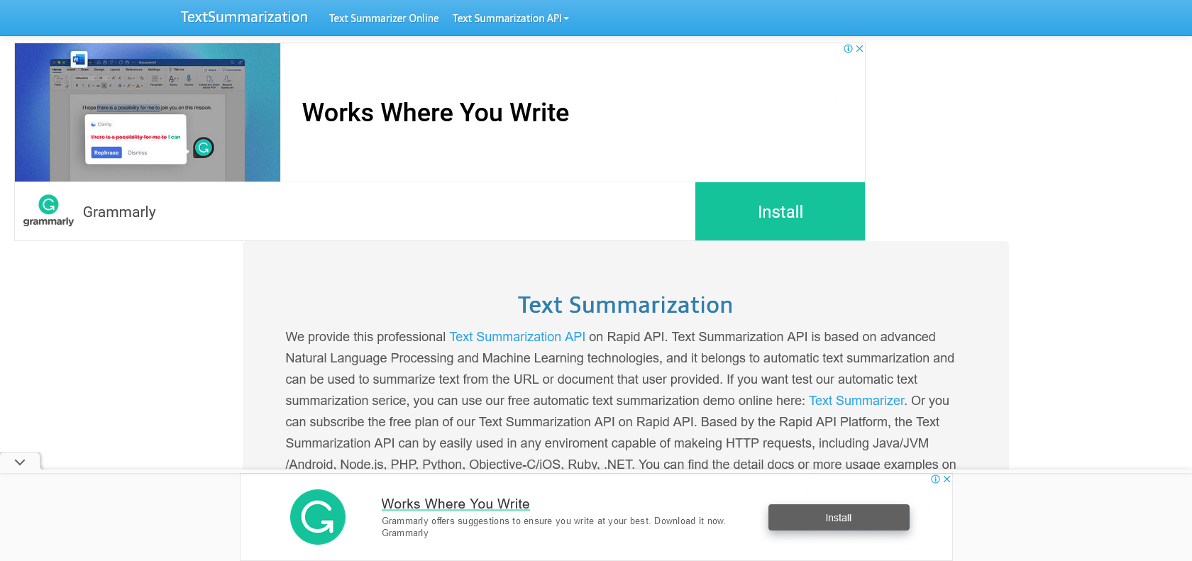 Screenshot of Text Summarization Tool Website
