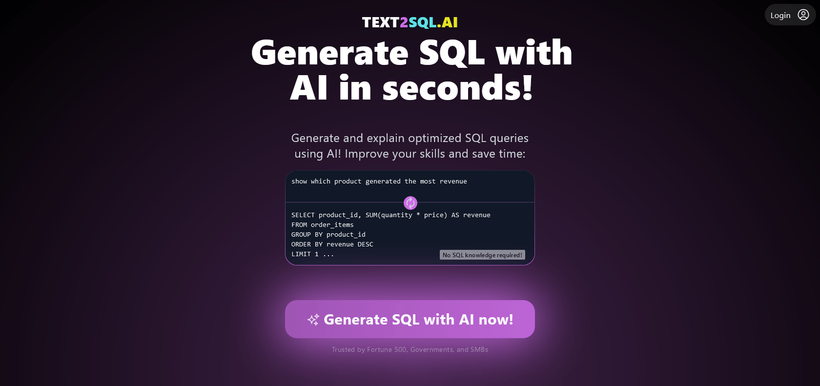 Screenshot of Text2SQL.AI Website