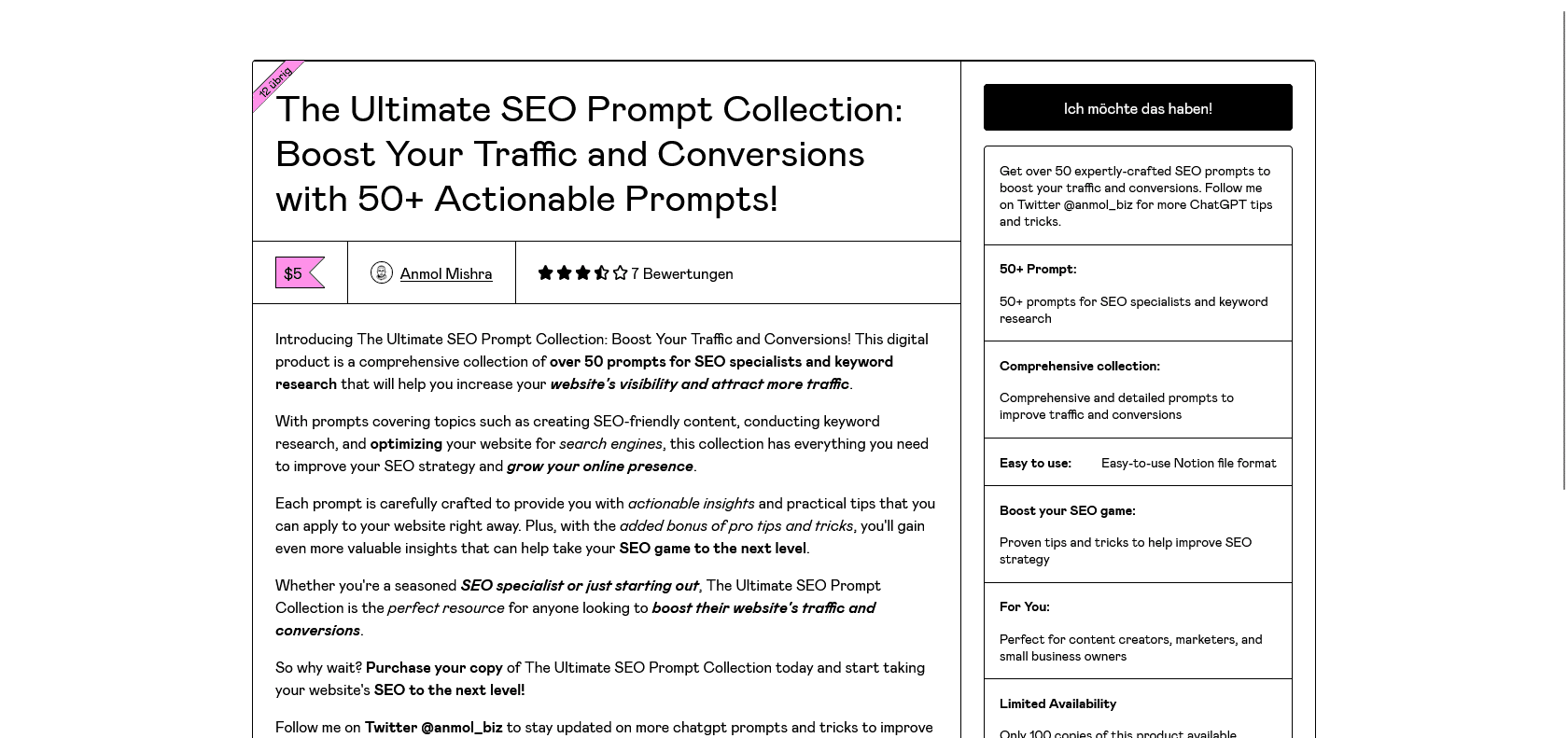 Screenshot of The Ultimate SEO Prompt Collection Website