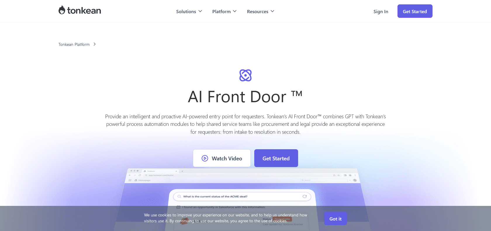 Screenshot of Tonkean AI Front Door Website