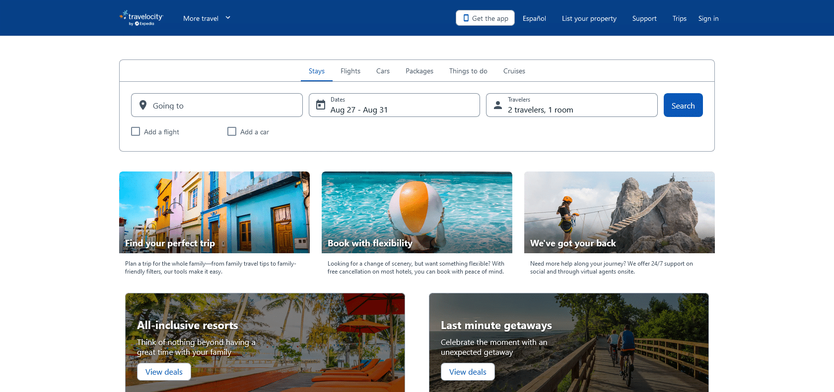 Screenshot of Travelocity Website