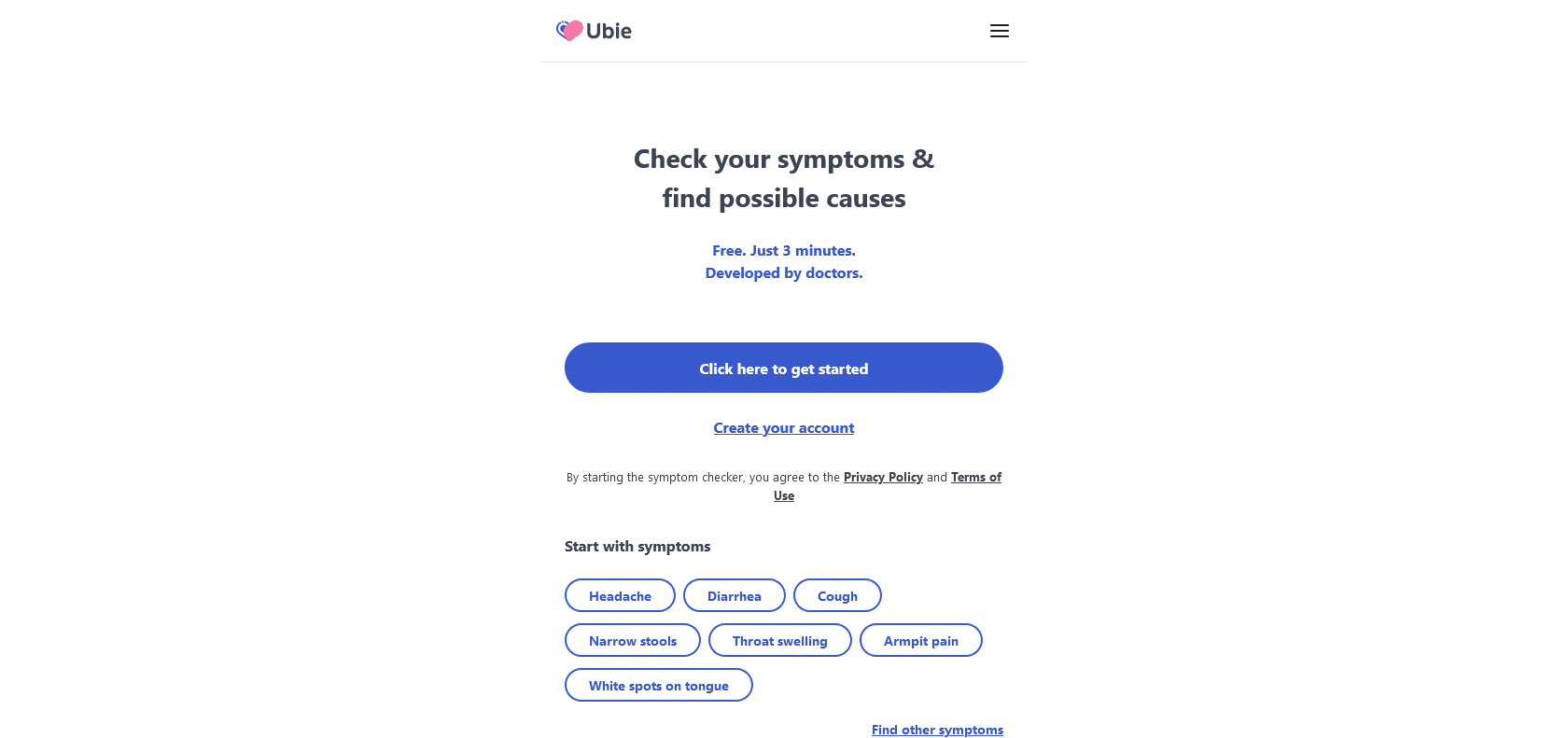 Screenshot of Ubie AI Symptom Checker Website