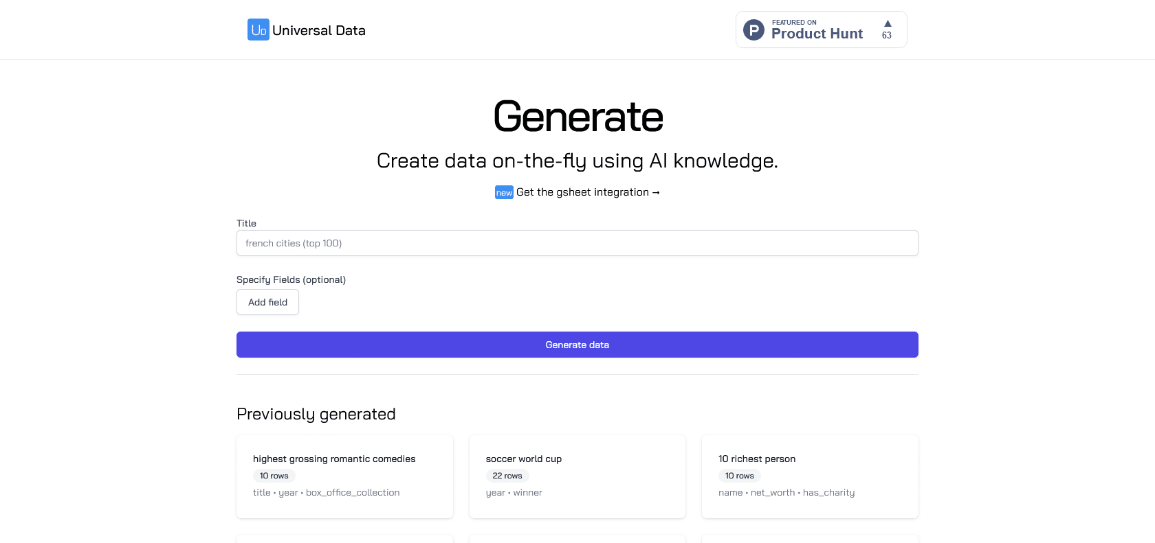 Screenshot of Universal Data Generator Website