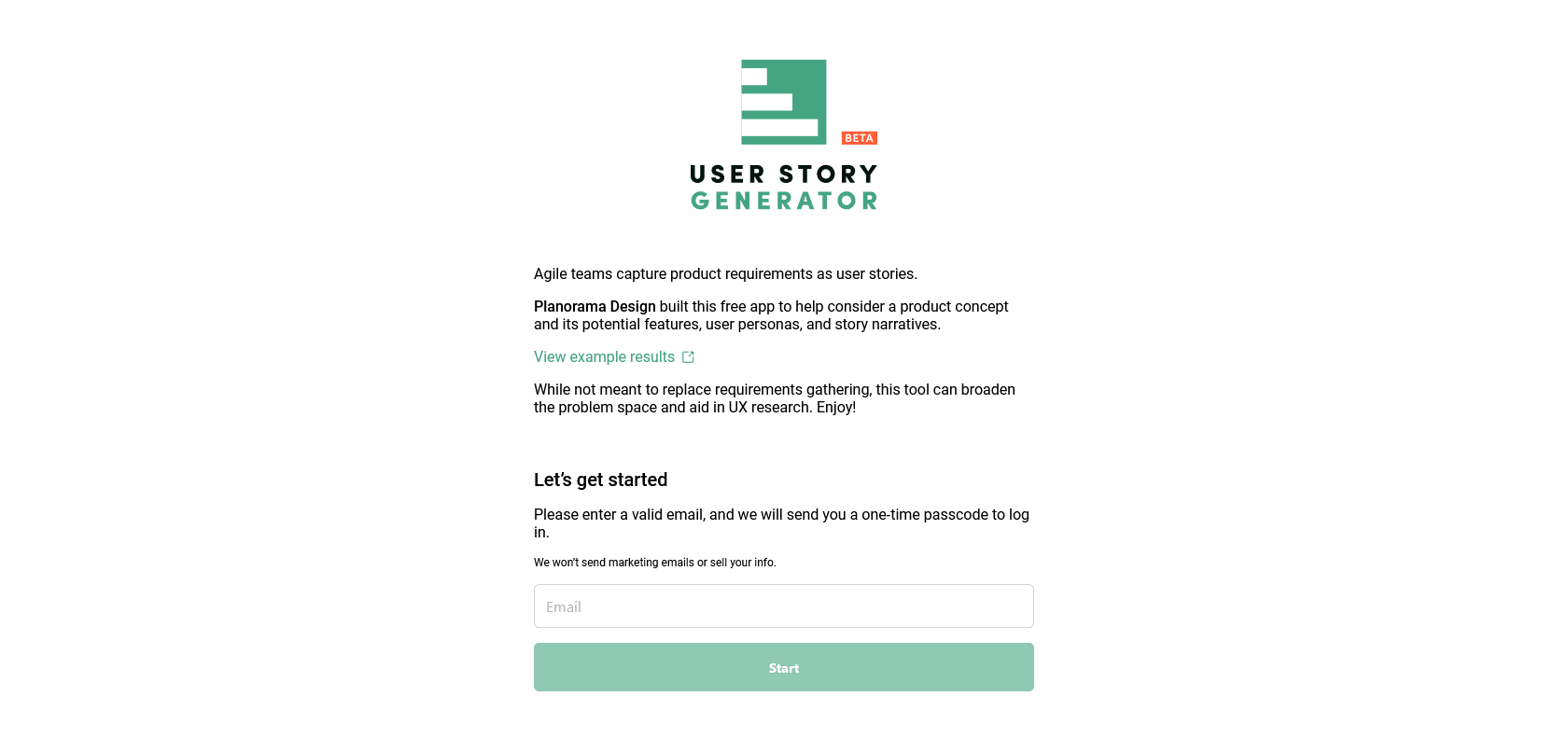 Screenshot of User Story Generator Website