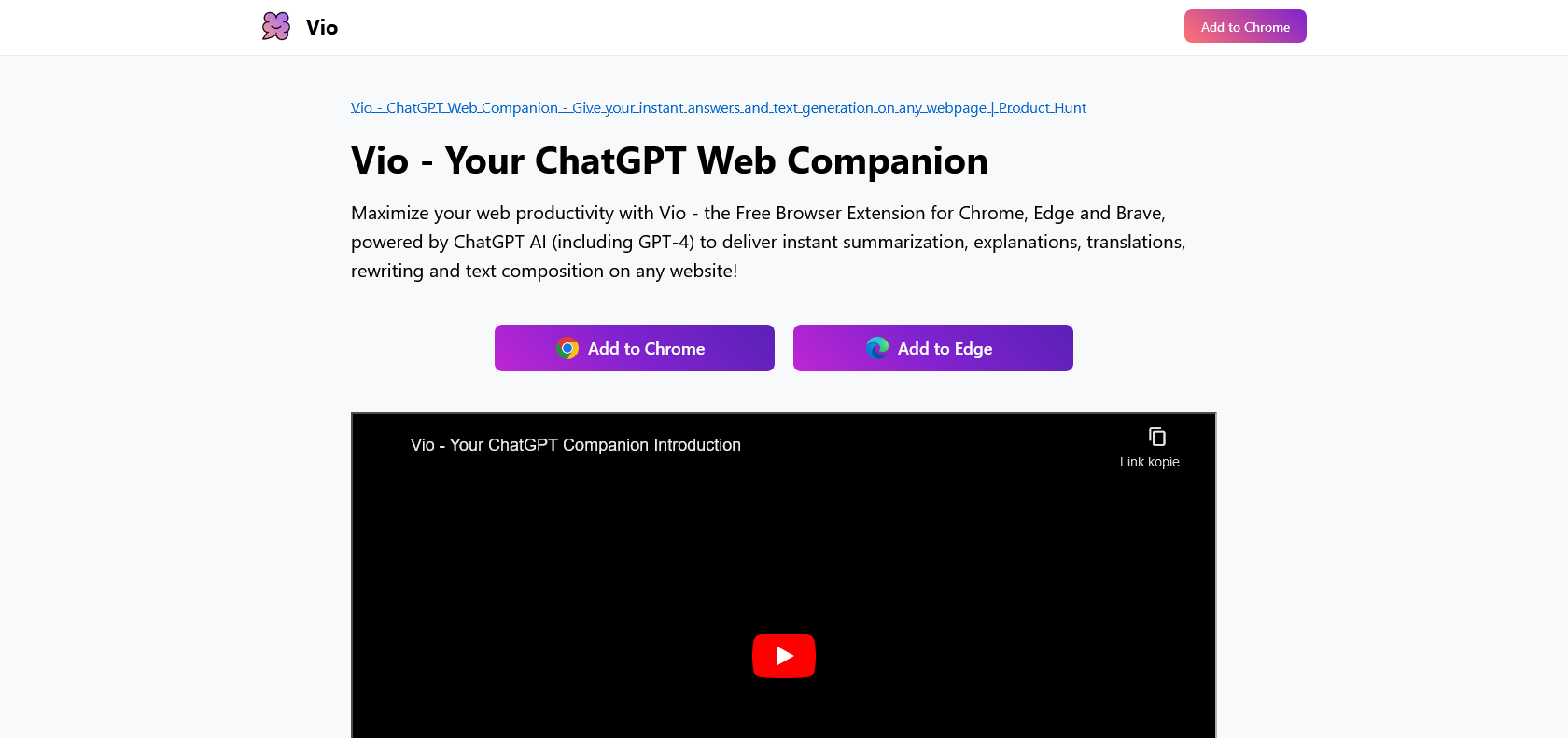 Screenshot of Vio - ChatGPT Web Companion Website