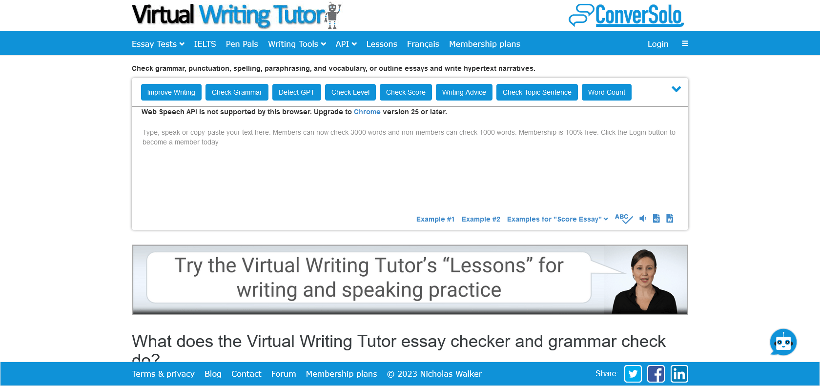 Screenshot of Virtual Writing Tutor Website