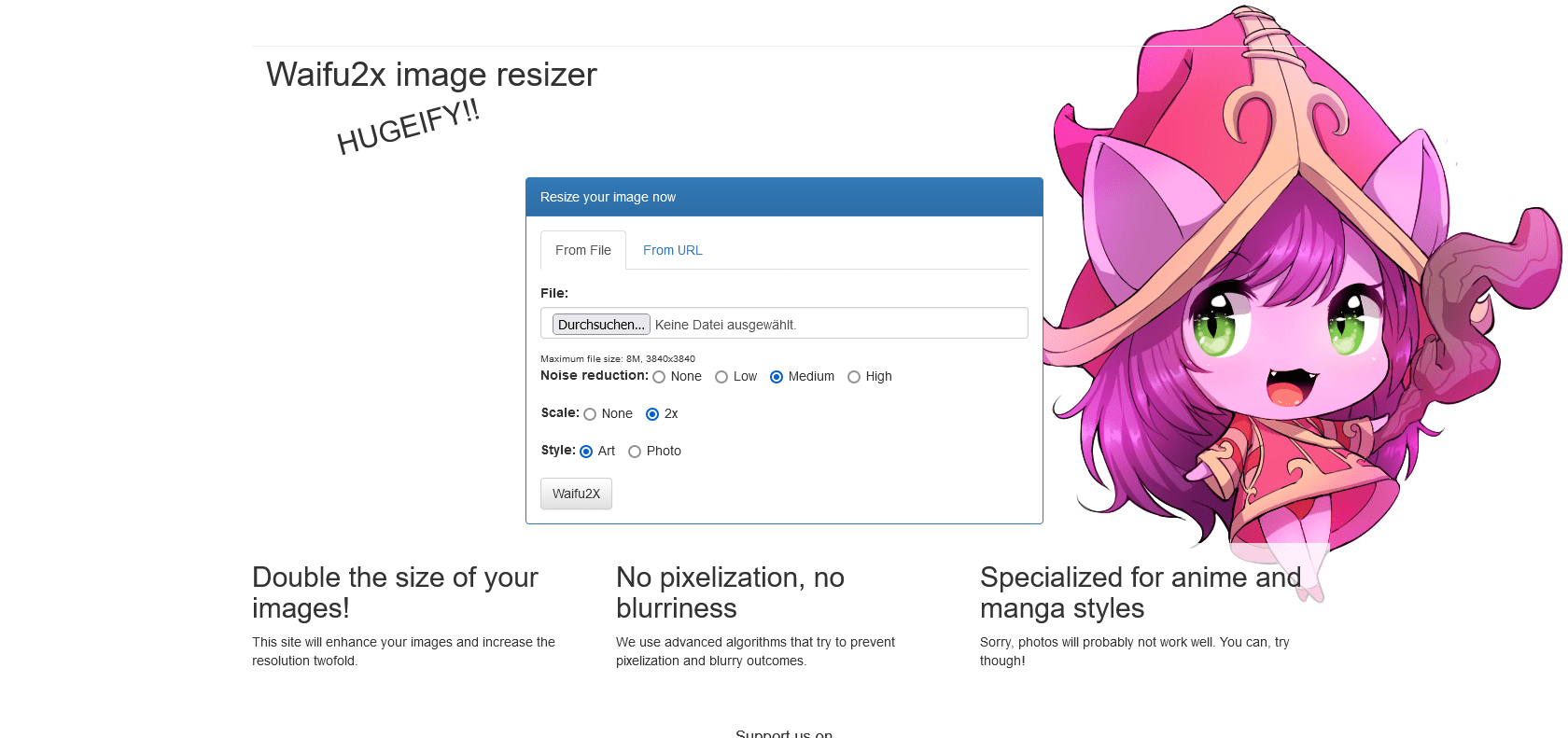 Screenshot of Waifu2x Website