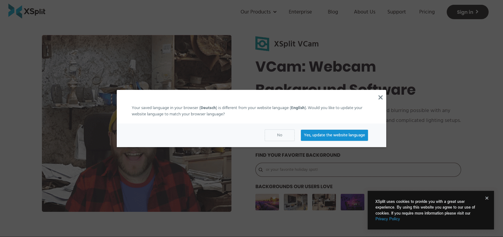 Screenshot of XSplit VCam Website