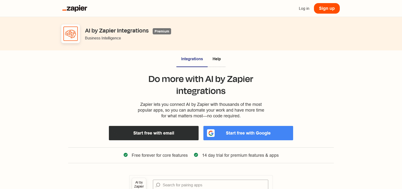 Screenshot of Zapier AI Integrations Website