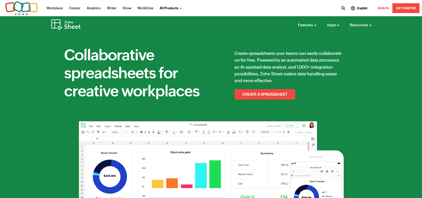 Screenshot of Zoho Sheet Website