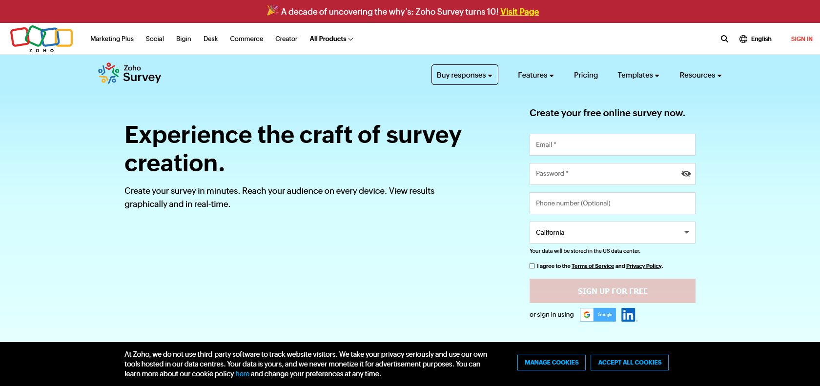 Screenshot of Zoho Survey Website