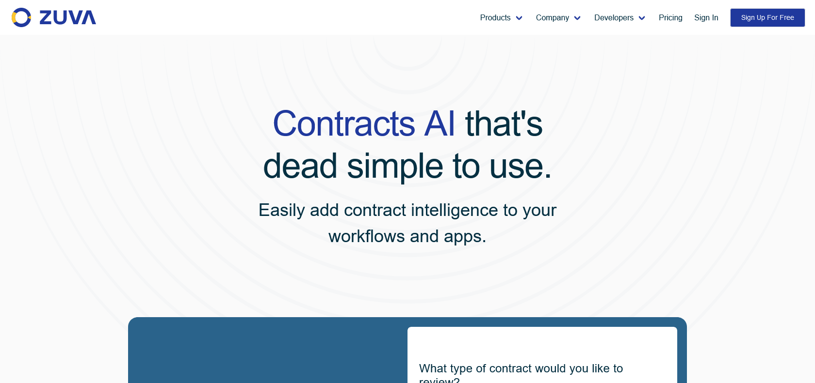 Screenshot of Zuva Contracts AI Website